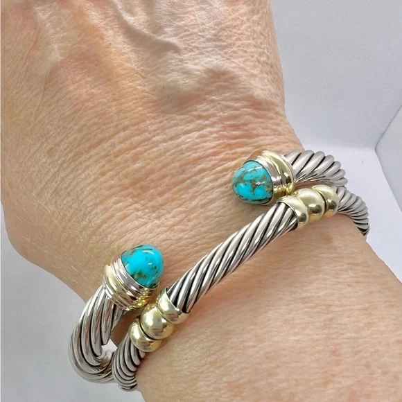 David Yurman Sterling Silver & 14K Gold Turquoise Cable Bracelet - Picture 12 of 14